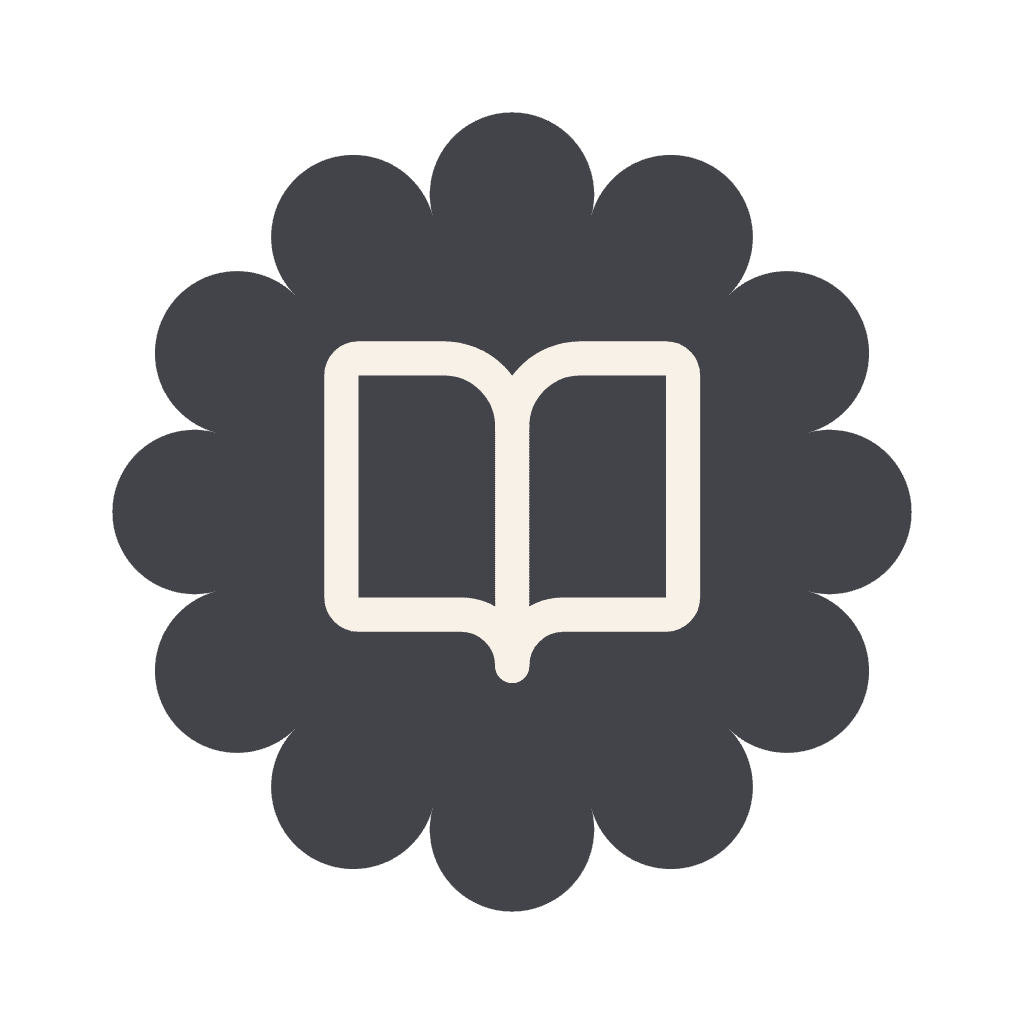 soutien - Nestora Open book icon centered on a dark flower-shaped badge.