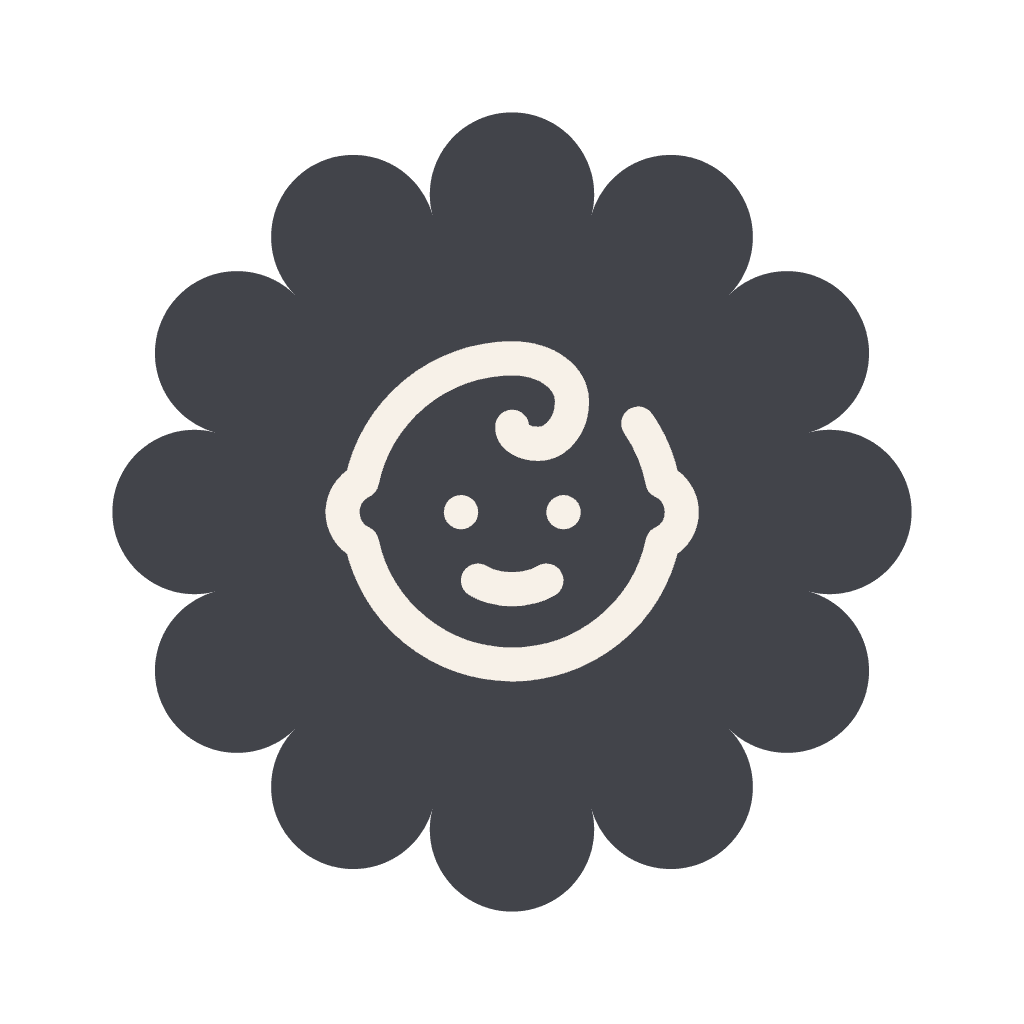 babysitting - Nestora Dark gray flower badge with a friendly smiling face in the center.