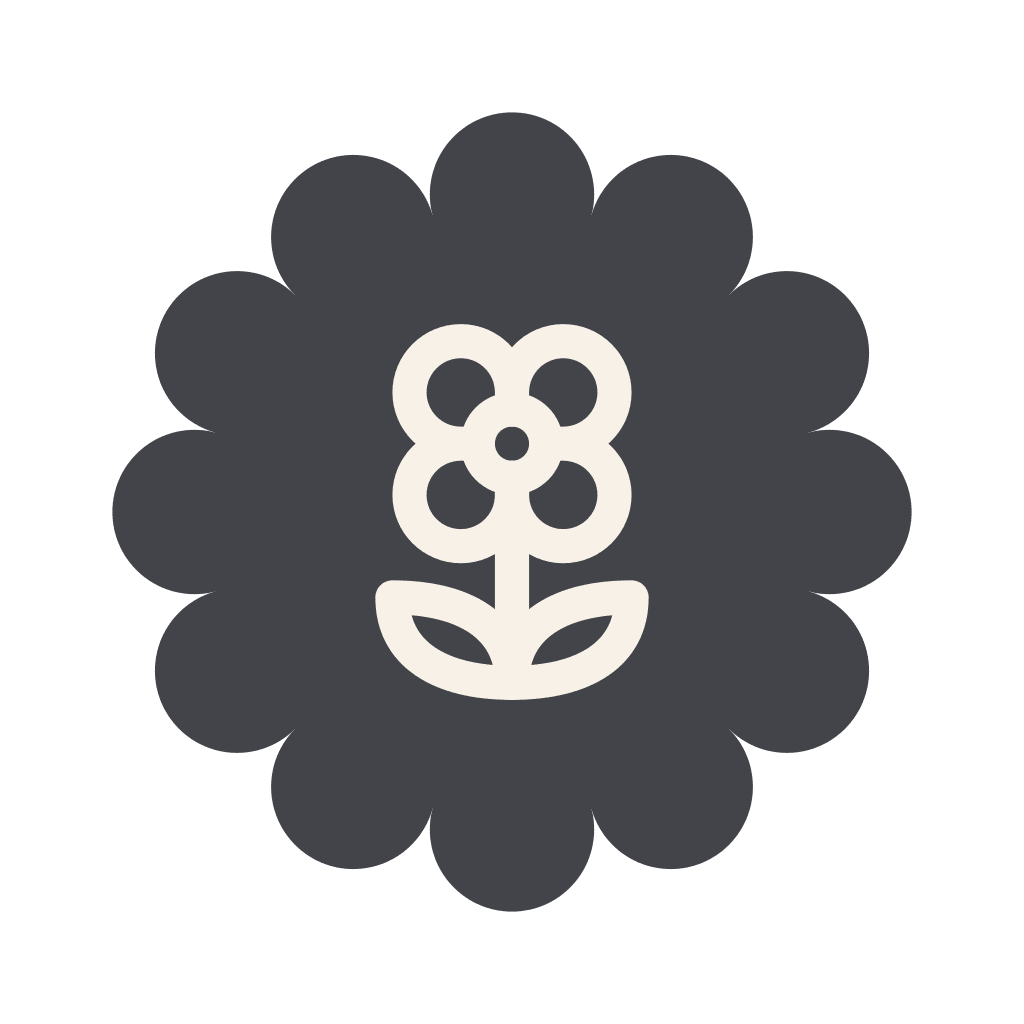 Dark blue flower icon with a white stylized bloom on a green background.