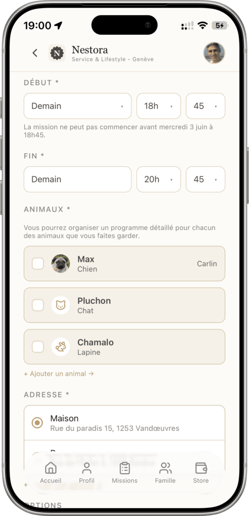 creer-petsitting-dates - Nestora Écran de formulaire pour planifier une mission sur Nestora: Début et Fin avec heures, liste d'animaux à choisir (Max, Pluchon, Chamalo) et adresse.