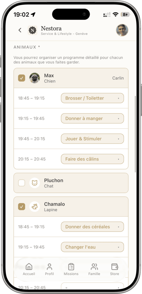 creer-petsitting-programme - Nestora Mobile app screen showing a pet care schedule for multiple animals, including Max the dog and Chamalo the rabbit, with time slots and action buttons (Brush, Feed, Play, Cuddle).