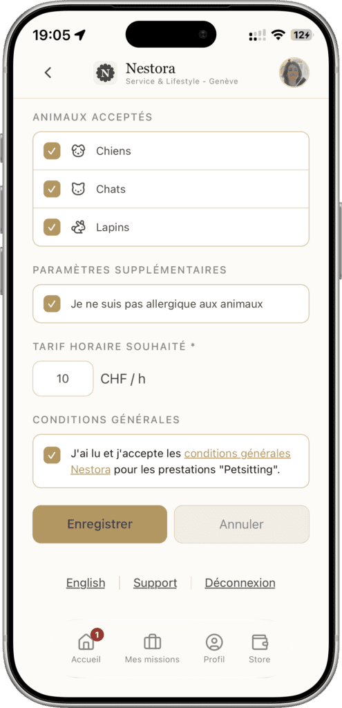 profil-petsitter - Nestora Formulaire de réservation animale: Chiens, Chats et Lapins sélectionnés avec cochons; paramètres et tarif affichés dans l'écran.