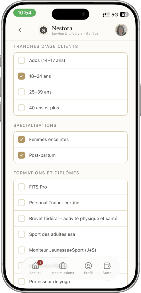 Formulaire mobile pour filtrer clients par âge (18–24 ans sélectionné) et spécialisations (Femmes enceintes, Post-partum) in-app.