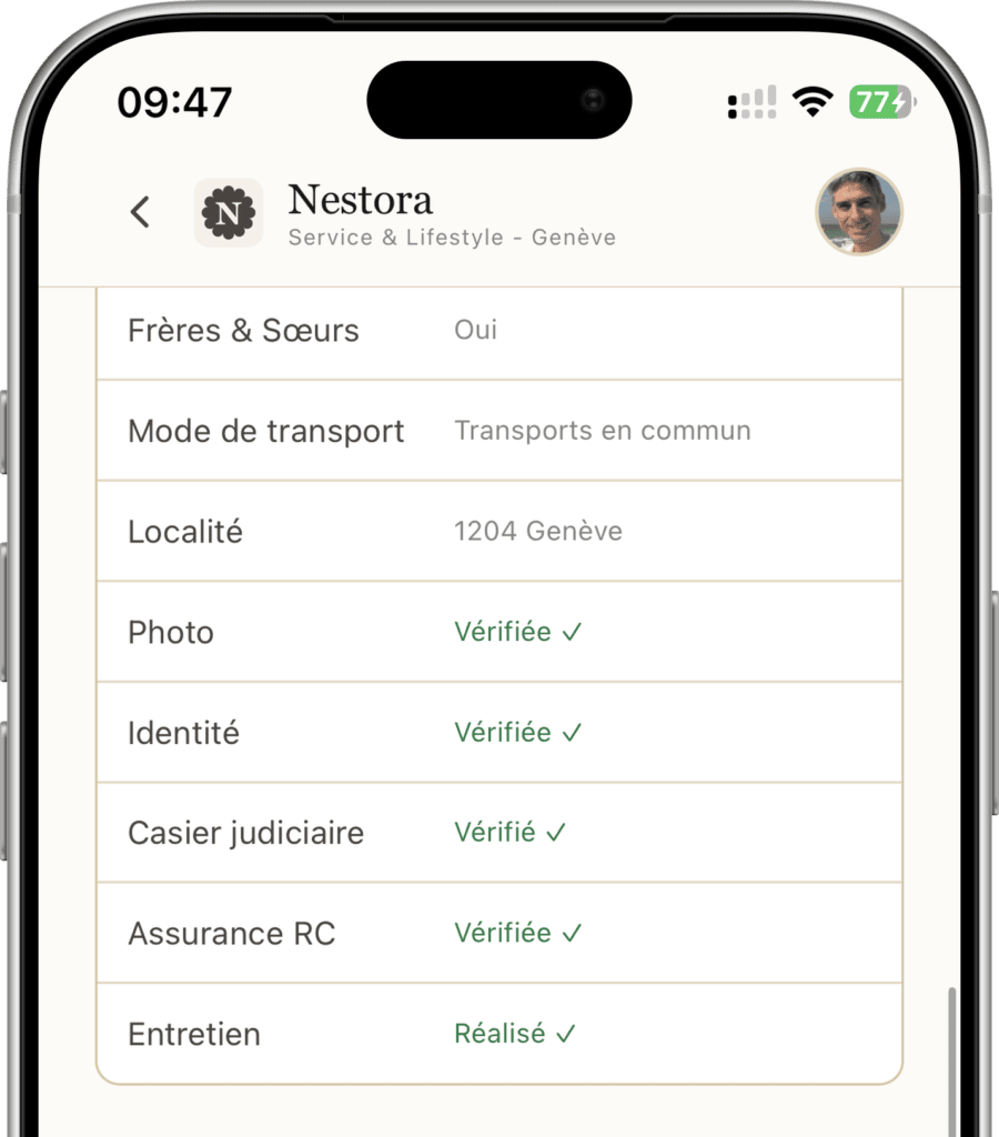 Mobile app screen showing a Nestora profile checklist in French with verification statuses (Vérifiée/Vérifié, Réalisé).