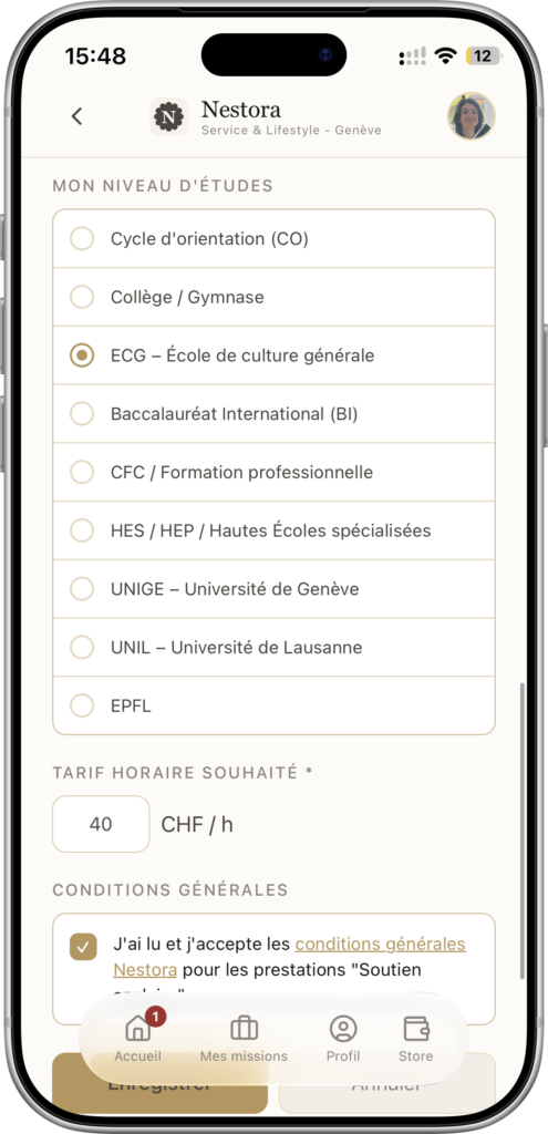 IMG_0706 - Nestora Écran mobile Nestora: choix du niveau d'études avec ECG – École de culture générale sélectionné.