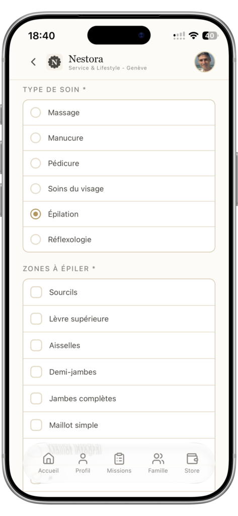 esthet1 - Nestora Mobile app screen: French service form with care types (selected Épilation) and waxing zones listed.