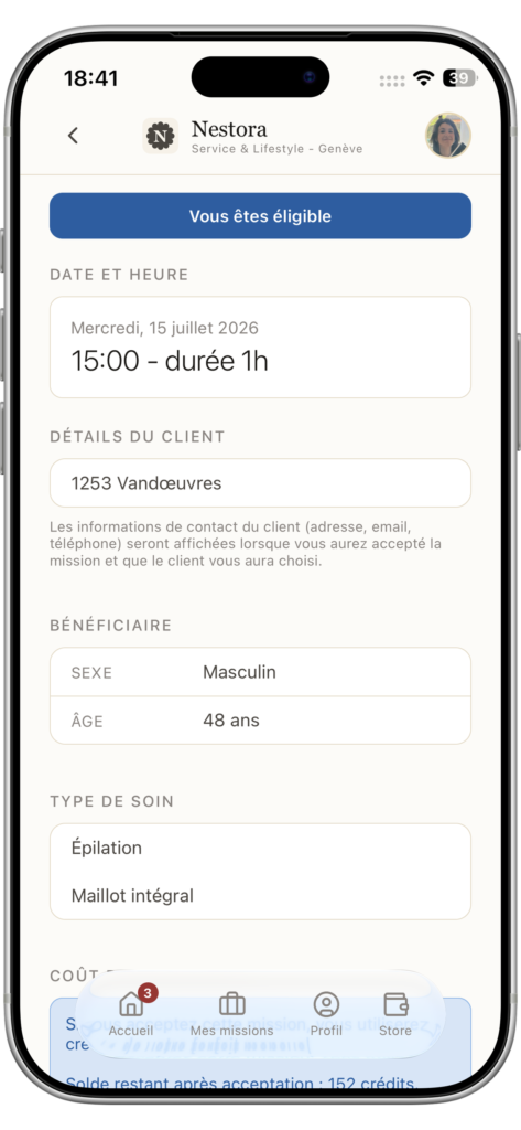 esthet2 - Nestora Écran d’application en français présentant un formulaire client: message 'Vous êtes éligible', date/heure et détails du bénéficiaire (sexe masculin, 48 ans), soin 'Épilation' et type 'Maillot intégral'.