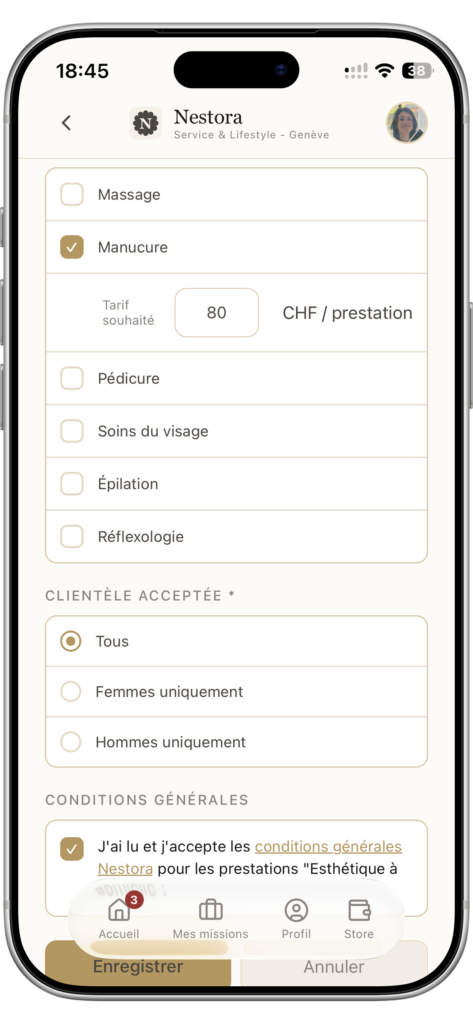 esthet3 - Nestora Écran d'un formulaire de soins esthétiques dans l'app Nestora: choix de services (Massage, Manucure, Pédicure, Soins du visage, Épilation, Réflexologie) et tarif affiché à 80 CHF.