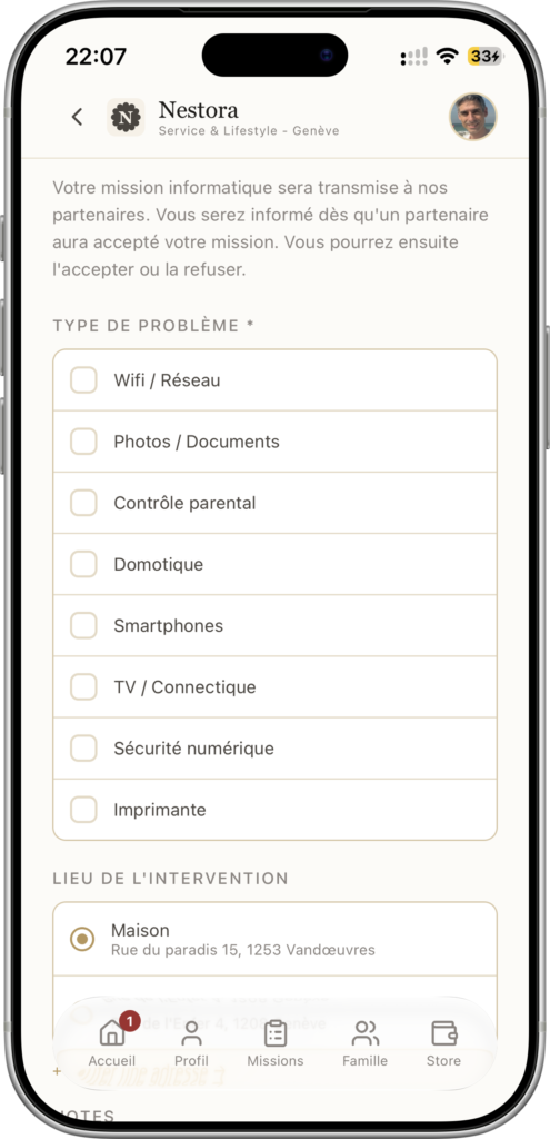 Écran Nestora: formulaire de mission avec types de problème (WiFi, Photos, Domotique, Smartphones…) et lieu d'intervention.