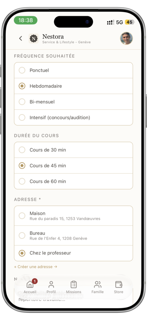 App screen showing a booking form: weekly frequency selected and 45-minute duration, with address and bottom navigation.