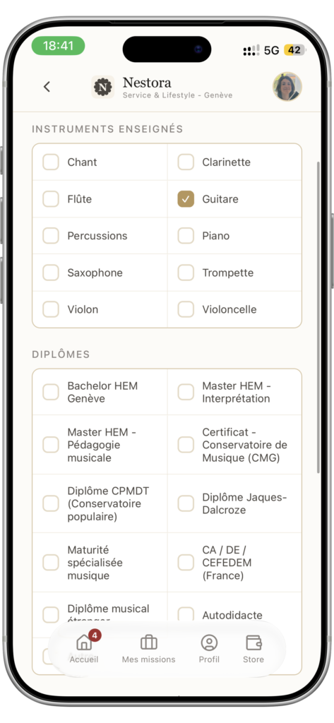 NESTORA app screen listing instruments taught; guitar selected in a grid, with a diploma section below and bottom navigation visible.