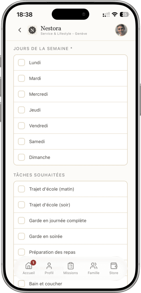 App screen to select the days of the week (Monday to Sunday) with checkboxes and a Desired tasks section, with a light beige bottom navigation bar.