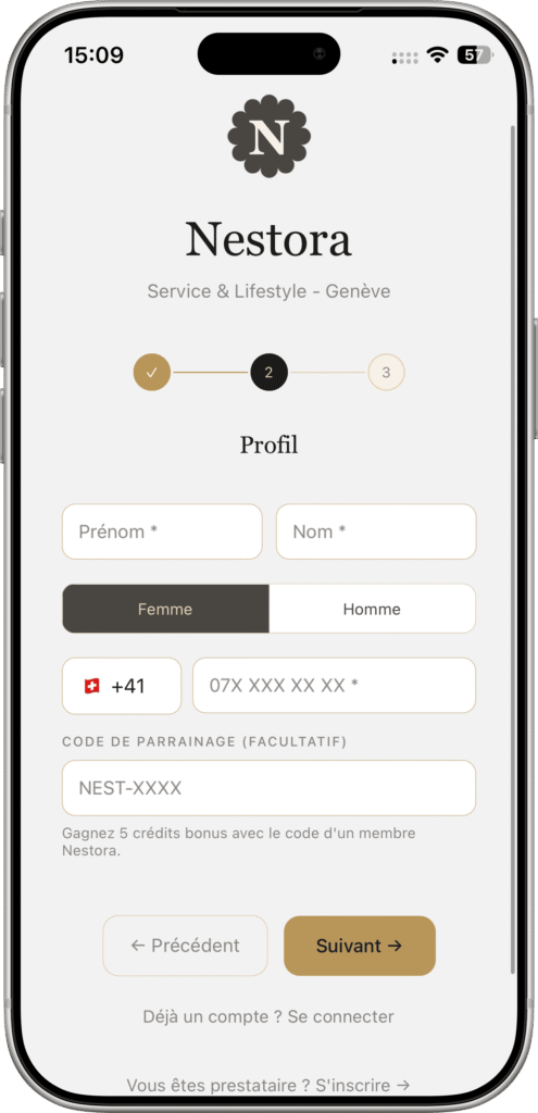 Parrainage Nestora - section parrainage de l'application - Nestora Section Parrainage de l'application Nestora avec le code personnel et le bouton de partage