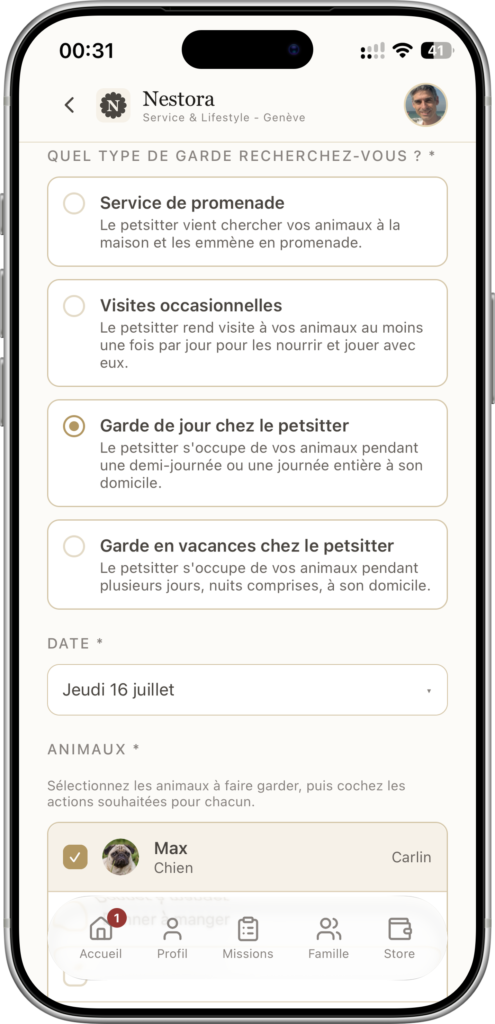 petsitter1 - Nestora Mobile screen with a French pet-sitting service form: four care options (promenade, occasional visits, day care, vacation care), a date picker, and a pet list; bottom navigation bar visible.