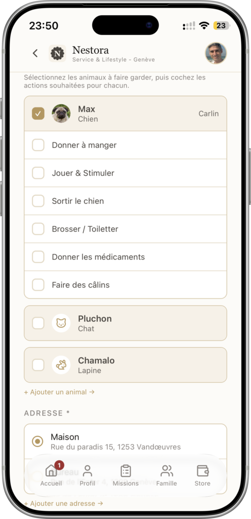 petsitter2 - Nestora Écran d’application: profil Nestora; Max le chien est sélectionné et une liste d’actions de soin est affichée (Donner à manger, Jouer & Stimuler, etc.).